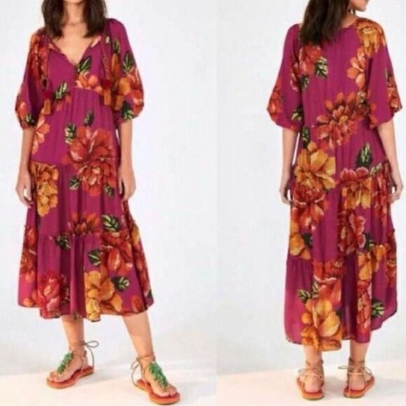 FARM Rio Dresses & Skirts - Farm Rio Tiered Midi Dress Womens Sz P (Small) Pink Floral Puff Sleeve